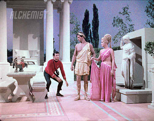 Jay Jones, stuntman for James Doohan, prepares to be "zapped" by Apollo.
